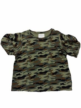 Anthropologie Velvet By Graham Spencer Green Camo Puff Sleeve Sweat Top Womens L